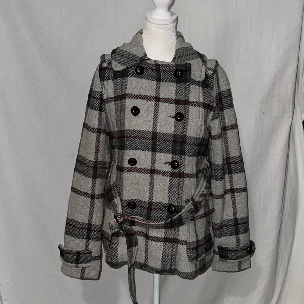 gray & black plaid wool blend American Eagle coat size medium